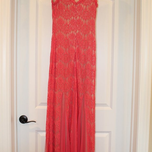 Betsy & Adam Coral/Nude Lace Gown - Picture 5 of 7